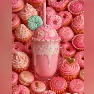 Pink Milkshake Tumbler with Donut Lid & Straw | Sweet Treat Aesthetic | Kawaii D